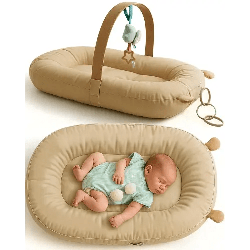 SplashEZ Baby Lounger Pillow for Newborn, Ergonomic Baby Nest & Play Gym for Newborn, 100% Organic Cotton, Breathable, Lightweight & Portable 3D Mesh Pillow for Awake Time (Toys NOT Included), Camel