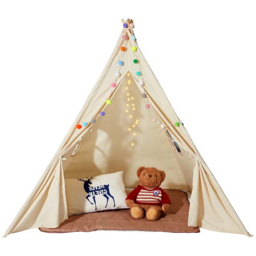 KFFKFF Kids Play Tent, Playhouse for Ages 1-5, Indoor and Outdoor Child's Canopy with Viewing Panels, Youngster's Pavilion Including Mat and Soft Ornamental Spheres, Unisex, Neutral Hue