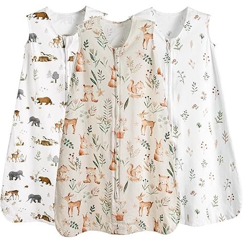 PHF Soft Baby Sleep Sack 6-12 Months 100% Cotton Wearable Blanket, 2-Way Zipper 0.5 TOG Toddler Sleeping Sack 3 Pack, Comfy Sleep Bag for Baby Boys Girls, Woodland (Medium)