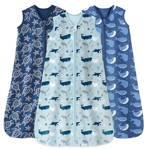 Unnivoll Baby Sleep Sack 0-6 Months 3 Pack 100% Cotton Lightweight 0.5 TOG Wearable Blanket Baby Sleep Bag with 2-Way Zipper for Newborn Infant Shark