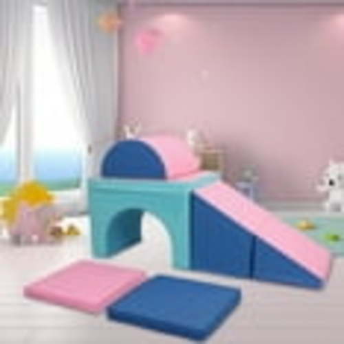 XJD Foam Climbing Blocks for Toddlers, 5 Piece Soft Play Foam Baby Climbing Blocks for Toddlers, Single-Tunnel Climb and Crawl Activity Playset, Pink Blue