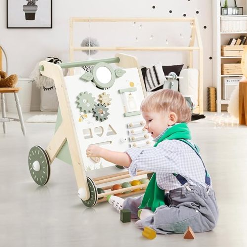 Beright Wooden Baby Walker with Roller, Push and Pull Learning Activity Walker, Multi-Functional Kids’ Activity Toy, Multiple Activities Center, Develops Motor Skills & Stimulates Creativity, Green