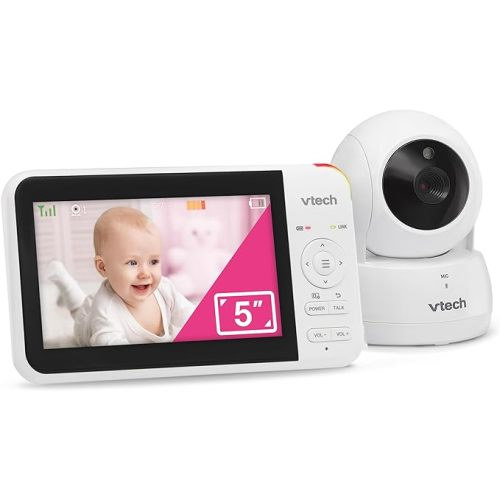 VTech VM924 Pan & Tilt Video Baby Monitor, 5" LCD Screen, Up to 17 Hrs Video Battery Life, Plug & Play, 1.33x Zoom, Night Vision, Up to 1000ft Range, Soothing Sounds, 2-Way Talk, Secured Transmission