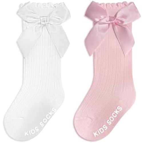 Baby Knee High Socks Non Slip Baby Girl Socks Cotton Bow Infant Stockings Ruffle Toddler Long Sock 0-12M/1-2Y