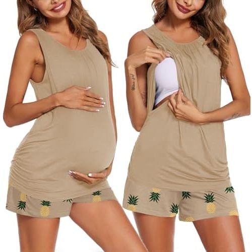 Ekouaer Women Maternity Nursing Pajama Set Breastfeeding Double Layer Pregnancy Pjs Set Sleeveless Top & Shorts with Pockets