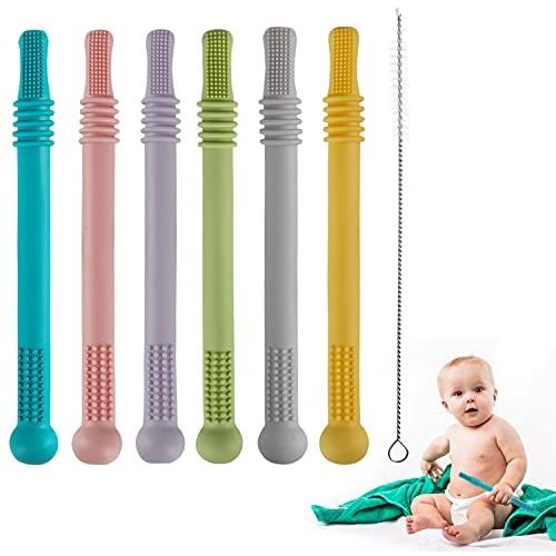 Fu Store Hollow Teether Tube, 6 Pack Chew Straw Toy for Infant Toddlers Silicone Tubes Teething Toys for Babies 3-12 Months BPA Free/ Freezable/ Dishwasher and Refrigerator Safe
