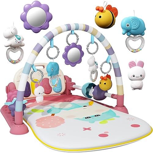 Baby Gym with Kick and Play Piano,Baby Play Mat Tummy Time Baby Activity Gym Mat with 5 Infant Learning Sensory for Baby, Music and Lights Boy or Girl for Newborn(Pink)