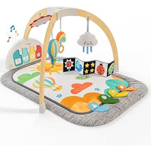 Move2Play, Montessori Inspired Wooden Kick & Play Baby Gym | Musical Piano | Tummy Time Activity Center | Play Mat for Newborns & Infants | Toys for Ages 0-6+ Months (Sky)