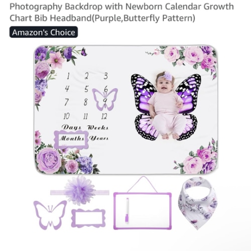 Chumia 6 Pcs Baby Monthly Milestone Blanket for Girl 60" x 40" Butterfly Milestone Blanket Age Photo Photography Backdrop with Newborn Calendar Growth Chart Bib Headband(Purple,Butterfly Pattern)