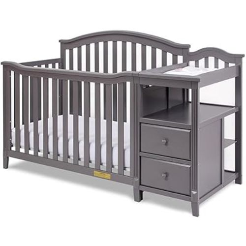 Pemberly Row 4-in-1 Convertible Crib and Changer, Sustainable Gray Pine Wood, Arched Headboard, Changing Pad Included, 46" H x 30" W x 73" D, Adjustable Mattress Support, Nursery Furniture