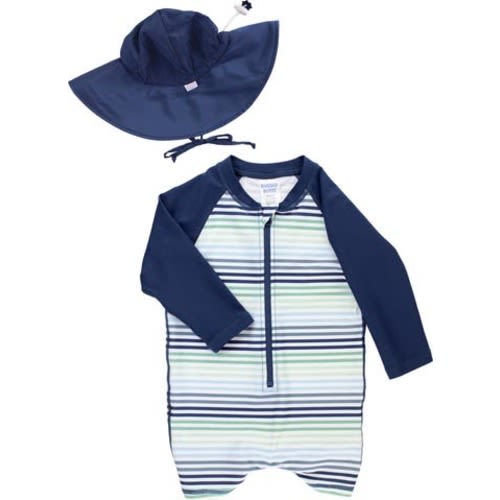 Coastal Stripe One-Piece Rashguard Swimsuit & Hat Set, 3-6M