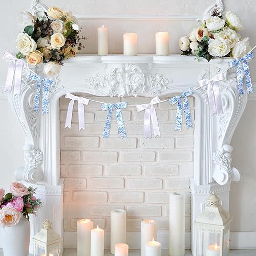 6.65 Ft Blue White Vintage Floral Bow Garland Pre-String Coquette Bow Wedding Satin Ribbon Banner for Bridal Shower Birthday Bachelorette Party Outdoor Engagement Decoration Supplies