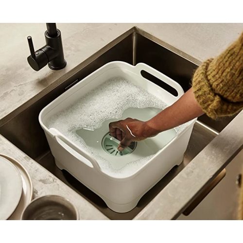 Joseph Joseph Wash & Drain Kitchen Dish Tub Wash Basin with Handles and Draining Plug, 9 liters/2.3 Gallons, Stone/Sage Green