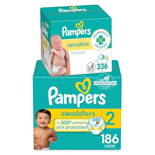 Diapers Size 2, 186 Count and Baby Wipes - Pampers Swaddlers Disposable Baby Diapers and Water Baby Wipes Sensitive Pop-Top Packs, 336 Count (Packaging May Vary)