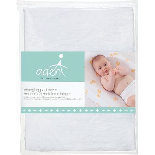 aden + anais Essentials Changing Pad Cover, 100% Cotton Muslin, Super Soft, Breathable, Tailored Snug Fit, Single, Solid White
