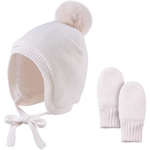 Basic Winter Baby Beanie Gloves Boys Girls Knitted Hat Pompom Kids Earflap Hats Warm Infant Toddler Beanie Mittens Set