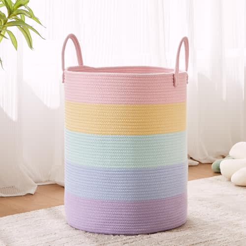 MOJOSCEND Rainbow Girls Kids Hamper Laundry Basket for Baby Nursery Clothes Blanket Basket for Toy Pastel Unicorn Woven Rope Hamper in Playroom Bedroom