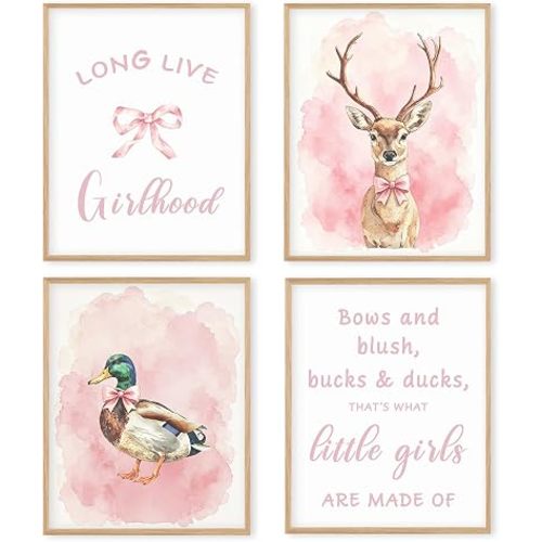 Boat Wades Pink Coquette Girl Nursery Wall Art Prints Set of 4, Long Live Girlhood Deer Mallard Duck Posters Wall Decor for Girls Kids Room Playroom 8x10 Unframed