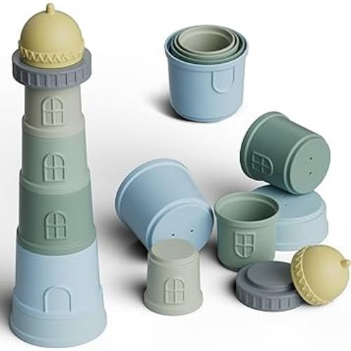 Lighthouse Stacking Cups Baby Toys, 7Pcs Silicone Soft Teething Toy & Baby Bathing Toys with Fun Educational, Best Gift Age 6+ Months (Inspiring Blue)
