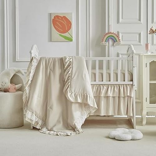 Lace Ruffle Crib Bedding Set 3 Pieces Baby Boho Lace Quilted Comforter with Fitted Sheet and Bed Skirt - Cute Ruffled Shabby Chic Baby Bedding Soft Blanket Design Pink