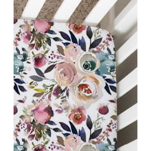 Autumn Watercolor Floral Crib Sheet: Burgundy Teal Rose Nursery Decor