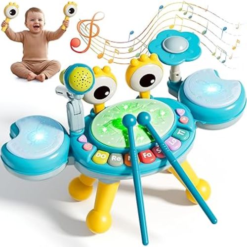 Kids Drum Set with Light-Up Microphone, Music Toy Ages 18 Months+