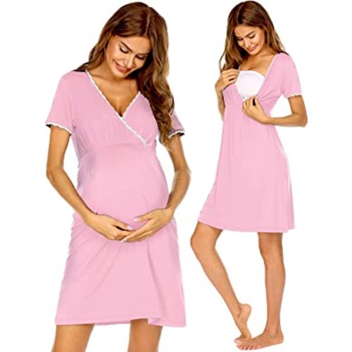 Ekouaer Women 3 in 1 Delivery/Labor/Maternity/Nursing Nightgown Short Sleeve Pleated Breastfeeding Sleep Dress(S-XXL)