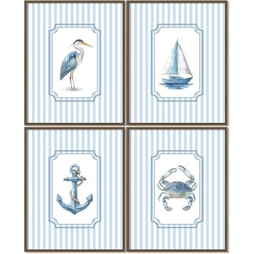 Foritho Blue Striped Coastal Nautical Nursery Wall Art Prints 8x10 Set of 4, Sailboat Anchor Crab Heron Beach Wall Decor Pictures Posters for Nursery Kids Boys Bedroom Playroom, Unframed