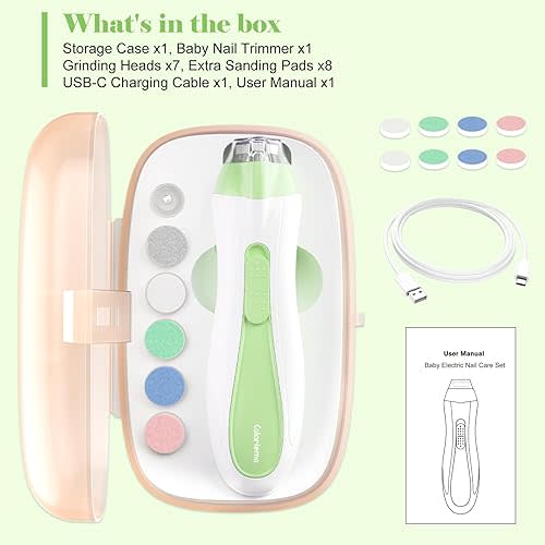 Rechargeable Baby Nail Trimmer Electric Baby Nail File, 15-in-1 Safe & Easy Nail Clippers Filer Buffer Kit with Dust Cover LED Light for Newborn Infant Toddler Adult Toes Fingernails, Green