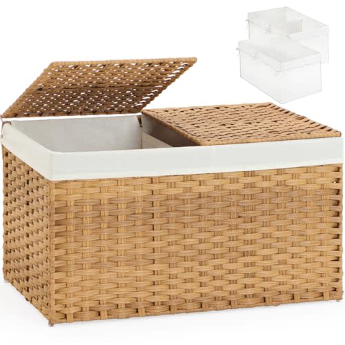 SETVSON Storage Basket with Lid Rattan Woven Storage Baskets with 2 Separate Lids, 17.2 Gallon (65 L), 22 x 13 x 13.8 Inches,Foldable, 2 Removable Liner Bags Handles for Bedroom, Laundry Room Natural