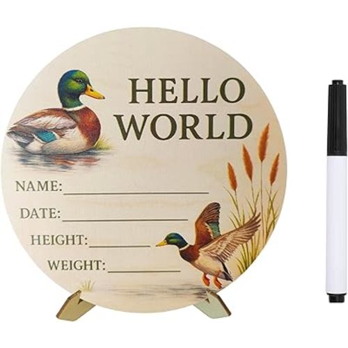 Baby Announcement Sign, Mallard Duck Baby Stuff, 5.9 Inch Wooden Name Signs for Nursery, Mallard Duck Decor Hunting Theme, Boy Welcome Newborn Arrival to World, Hunting Nursery Decor Newborn Sign