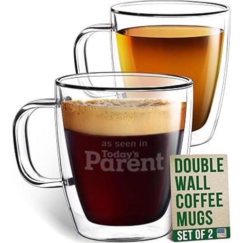 Eparé 12 oz Double Wall Coffee Mugs Set of 2 - Large Iced Latte Glass Coffee Cups with Handle - Lightweight Double Walled Glass Coffee Mug - Cappuccino, Tea, or Espresso Glass Cups