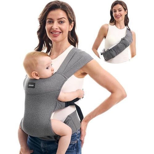 Momcozy Portable Baby Carrier – Compact & Lightweight, Adjustable for Travel, Fold & Go Convenient Storage Hip Pouch, Wide Shoulder Straps, Soft Skin-Friendly Fabric, for Babies 12–35 lbs (Grey)