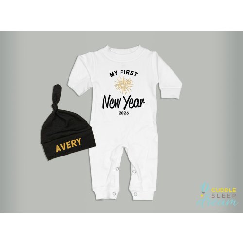 Baby 1st New Year Romper. My 1st New Years Outfit with Hat. Personalized Newborn White Long Sleeve Romper. Baby Boy or Baby Girl
