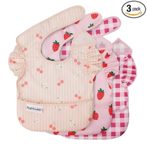 Tiny Twinkle Mess-Proof Baby Bibs for Eating | Waterproof, Wipeable Toddler Bibs with Catch-All Pocket | Feeding Bibs for Girls & Boys(3 Pack,Cherry Coquette,Strawberries,Raspberry Gingham)