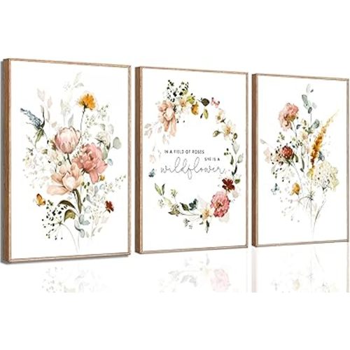3Pcs Pink Flowers Canvas Wall Art In A Field Of Roses She Is A Wildflower Painting Picture Decor Watercolor Wreath Poster Print Artwork for Nursery living room Girls Room Home Decoration Unframed