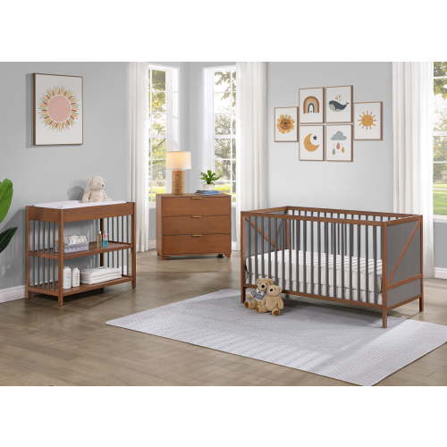 Suite Bebe Pixie Zen 3-in-1 Convertible Baby Wooden Crib With Round Spindles, in Walnut/Charcoal