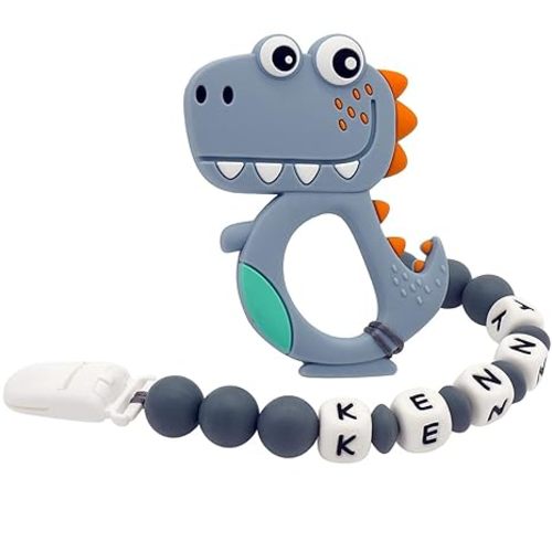 Panny & Mody Personalized Car Seat and Stroller Toys with Name, Customized Stroller Toy Clip with Name - Cute Dinosaur(Grey)