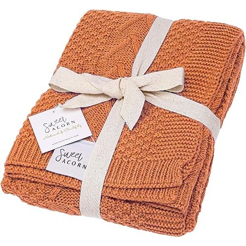 Knit Baby Blanket in Cable Pattern, Organic Cotton Blankets for Crib or Stroller, Receiving Blankets - Sunset Orange