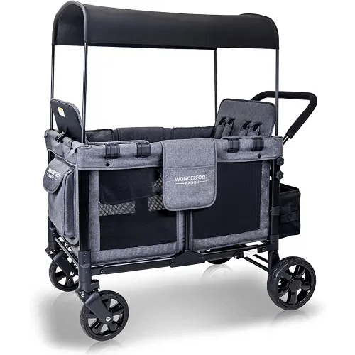 WONDERFOLD W4 Original Quad Stroller Wagon Featuring 4 High Face-to-Face Seats with 5-Point Harnesses, Easy Access Front Zipper Door, and Removable UV-Protection Canopy, Gray