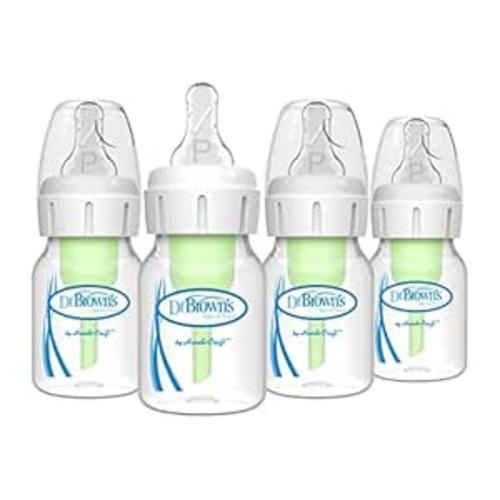 Dr. Brown's Natural Flow Anti-Colic Options+ Narrow Baby Bottle, 2 oz/60 mL, with Preemie Flow Nipple, 0m+, 4 Pack
