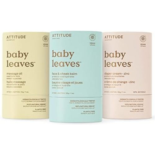 Bundle of ATTITUDE Plastic-Free Diaper Cream Bar with Zinc for Baby, EWG Verified, Dermatologically Tested, Vegan, Unscented, 1 Ounce + Face and Cheek Balm Bar for Baby + Massage Oil Bar for Baby