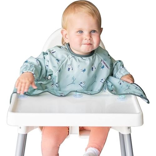 Tidy Tot - Cover & Catch Baby Bib - Mess Proof Long Sleeve Feeding Smock with Food Catcher Pocket - Waterproof Bib