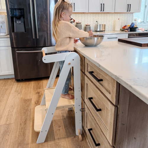 HARPPA Foldable Toddler Kitchen Tower, Adjustable Wooden Standing Stool for Kids, White