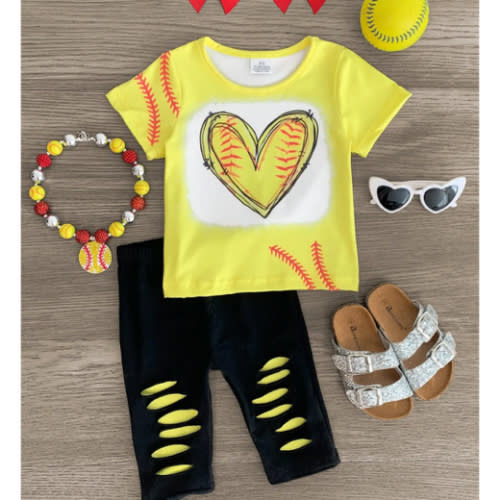 Softball Heart Distressed Capri Set | Sparkle In Pink