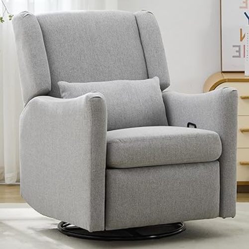 Glider Recliner Nursery Chair with Wingback,Rocker Swivel Recliner Chairs for Small Spaces,Swivel Rocking Recliner Chairs for Adults,Lazy Boy Recliner Chair for Bedroom,Thick Cushion,Linen (Grey 1)