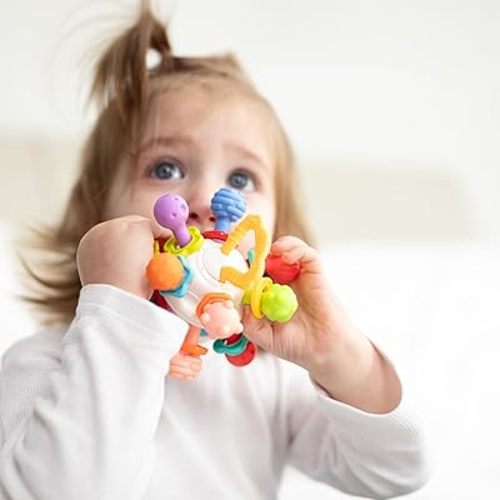 Nuby Twist Ball Teether Activity Toy with Rattle and Fun Bright Colors, Montessori Sensory Toy Develops Fine Motor Skills, 3 + Months
