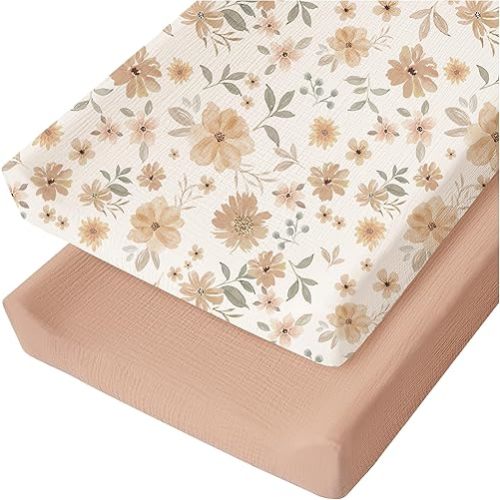 Konssy 2 Pack Muslin Changing Pad Cover for Baby Girls Boys 100% Cotton Fitted Diaper Changing Table Cover Set, Soft Changing Pad Sheets (Toffee, Flourish)