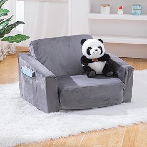 Baby Toddler Sofa Couch for Kids Foldable 2-in-1 Toddler Fold Out Couch Bed for Playroom Pull Out Children Convertible Sofa to Lounger Sleeper Chair for Boys & Girls with Side Pockets, Dark Grey