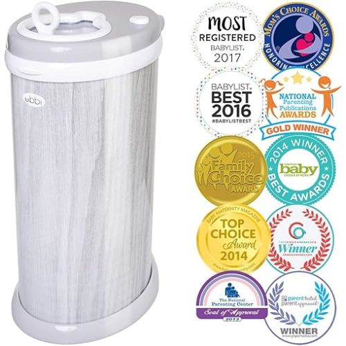 Ubbi Steel Diaper Pail, Odor Locking, No Special Bag Required, Award-Winning, Registry Must-Have, Woodgrain